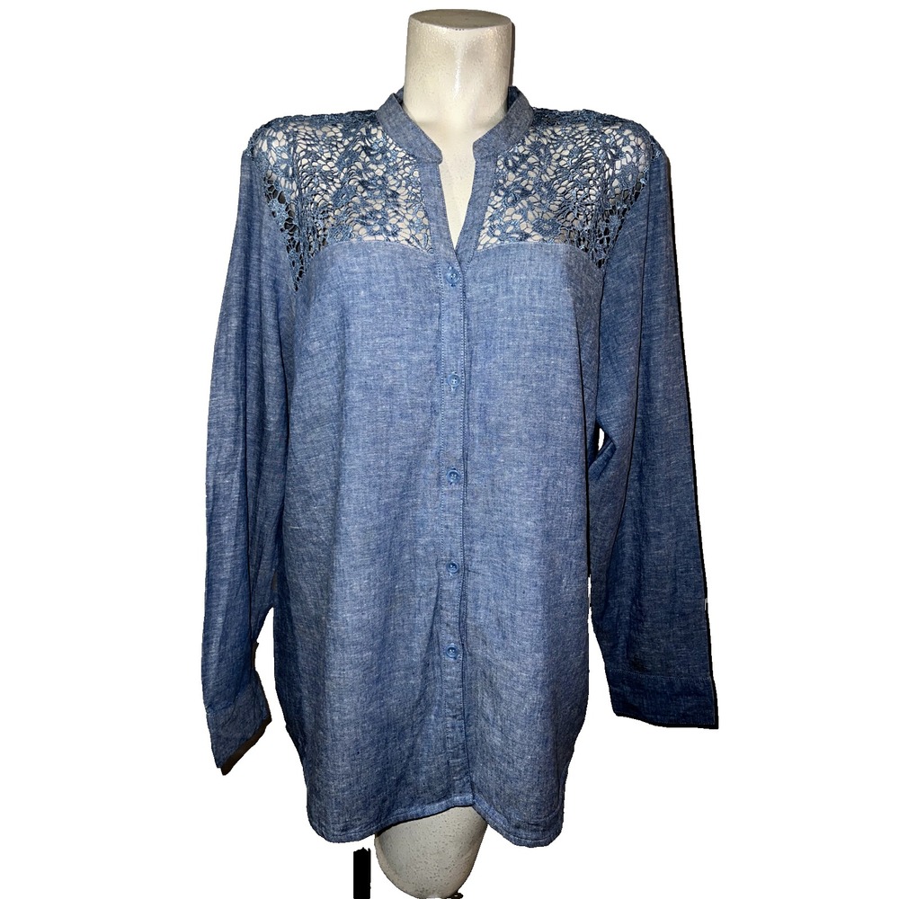 Ashley Stewart Blue Crochet Lace Yoke Button Down Blouse Long Sleeve Top Womens‎